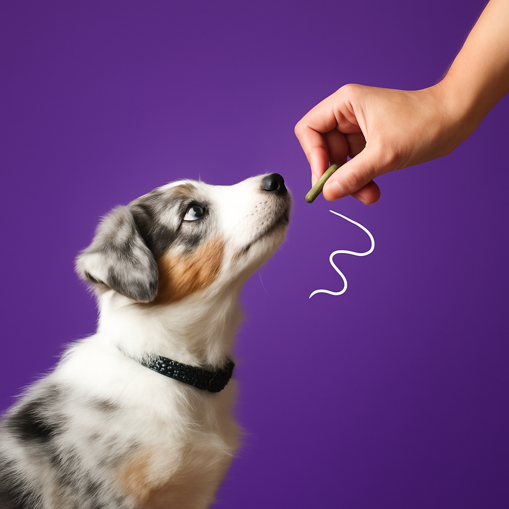 Puppy looking at a treat being offered